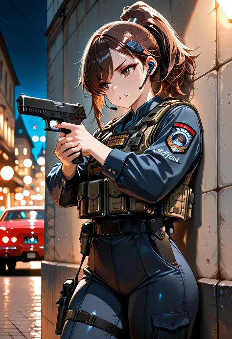 masterpiece, best quality, very aesthetic, absurdres, stylized, newest, depth of field, HDR, high contrast, sharp focus, 8k resolution, cinematic lighting,(lighting:0.2), 1girl, solo, perspective is slightly angled creating a sense of depth, middle-aged, d...