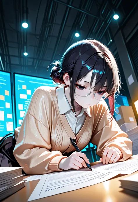 masterpiece, best quality, very aesthetic, absurdres, stylized, newest, depth of field, HDR, high contrast, sharp focus, 8k resolution, vibrant colors, smooth gradients, cinematic lighting, 1girl, solo, perspective is slightly angled creating a sense of de...