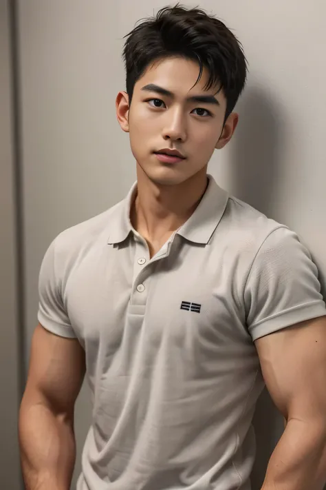  male、Japanese、handsome、 short hair、 facing the front、 grey polo shirt、fashion model
