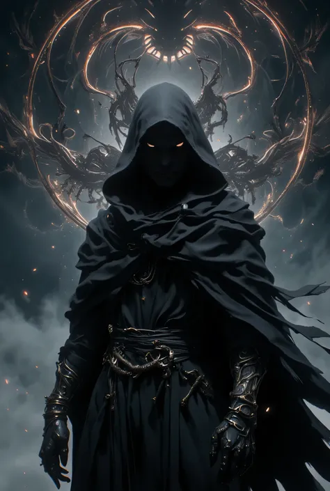 {prompt} Concept art inspired by Raymond Swanland is trending on DeviantArt. Gothic Art, Dark Fantasy Art, Dark Fantasy Art, Dark Art. A mysterious, hooded figure, covered in a black cloak with only his eyes visible, stands against a swirling backdrop of m...