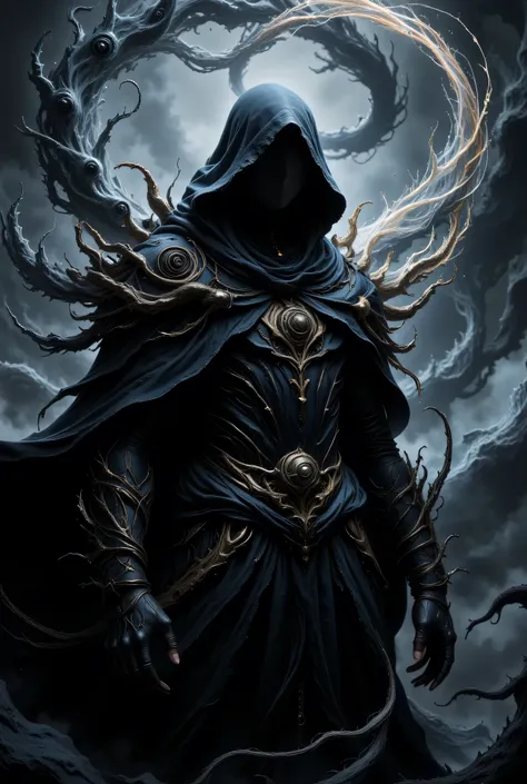 {prompt} Concept art inspired by Raymond Swanland is trending on DeviantArt. Gothic Art, Dark Fantasy Art, Dark Fantasy Art, Dark Art. A mysterious, hooded figure, covered in a black cloak with only his eyes visible, stands against a swirling backdrop of m...