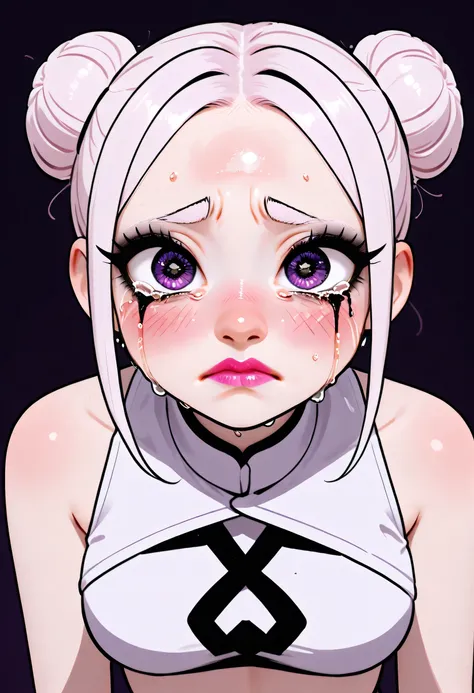 (1girl), (perfect face), ((white bun knot top hair)), (forehead), ((white natural eyebrows)), (((purple eyes, crying eyes))), (((black eyeliners))), (pink blush), ((nose, thick lipstick)), (beautiful girl), (crop top), ((sad face))