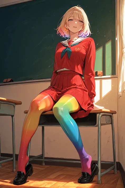 adult women, full body, sitting in a classroom, erotic, dynamic pose, red school uniform, (masterpiece, best quality), colorful pantyhose, vivid colors, shoe dangle:1.0, HDR, volumetric Lighting, classroom background, dynamic image,