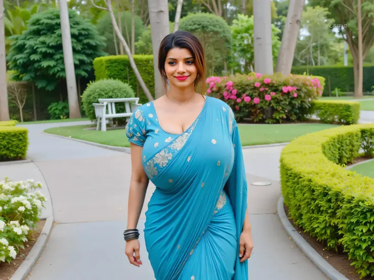 Busty indian curvy thick woman, wearing blue saree, walking in a park