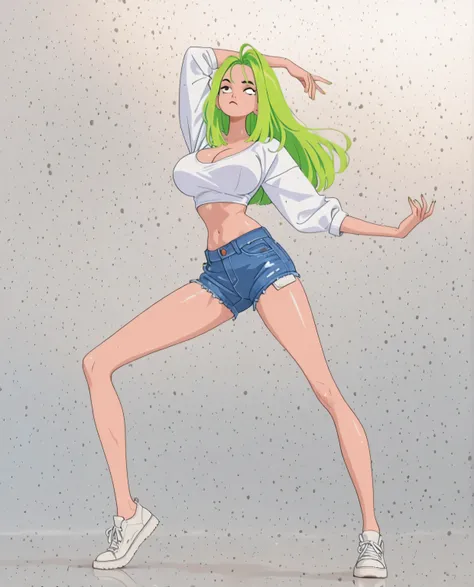 1 woman , Long green Hair , White shirt , crop top , denim , abdomen , big breasts , Long legs , dancing 
