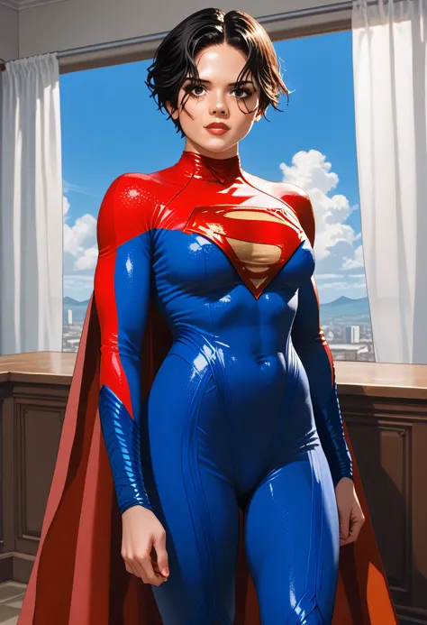 score_9, score_8_up, score_7_up, score_6_up, source_anime, BREAK, SupergirlTFXL, black eyes, black hair, short hair, curtain hair, medium breasts, superhero, red cape, bodysuit, red bodysuit, blue bodysuit, solo, looking at viewer, indoors covered nipples,...