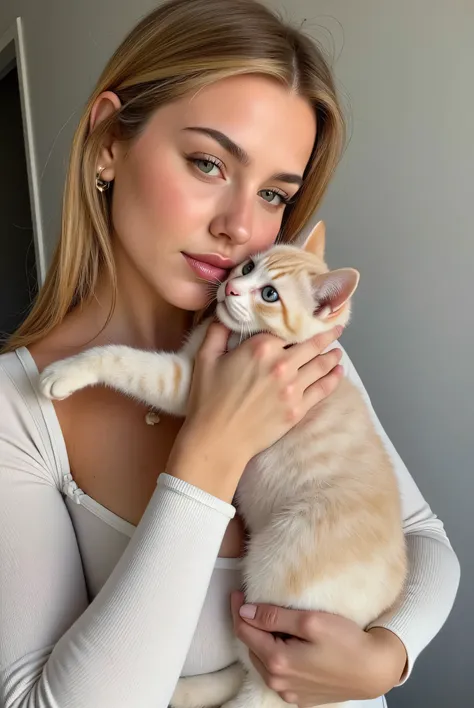 A close-up of a Scandinavian woman holding a cat, medium build, wearing a soft home outfit, large chest visible under a tight top, blue eyes looking lovingly at the pet, bright and clean lighting, (total blond), ((very realistic))(( realistic hands)) ((rea...