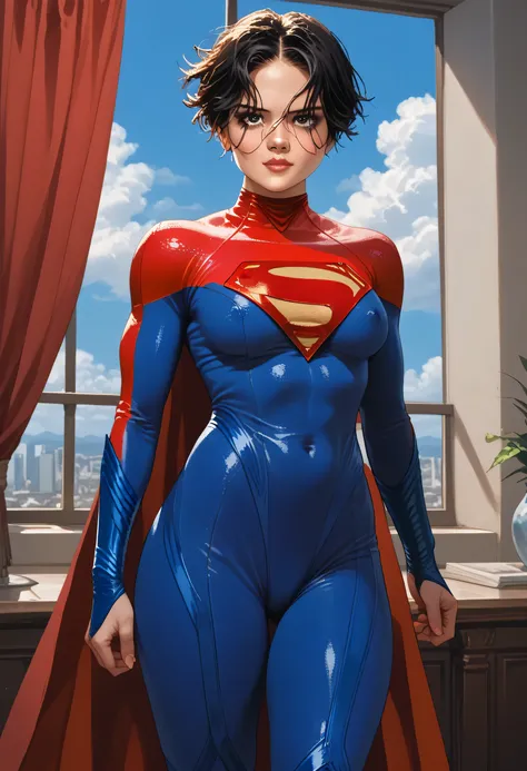 score_9, score_8_up, score_7_up, score_6_up, source_anime, BREAK, SupergirlTFXL, black eyes, black hair, short hair, curtain hair, medium breasts, superhero, red cape, bodysuit, red bodysuit, blue bodysuit, solo, looking at viewer, indoors covered nipples,...