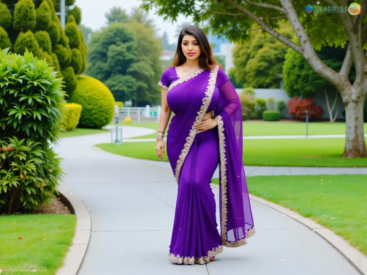 Busty indian curvy thick women, wearing violet color saree, walking in a park
