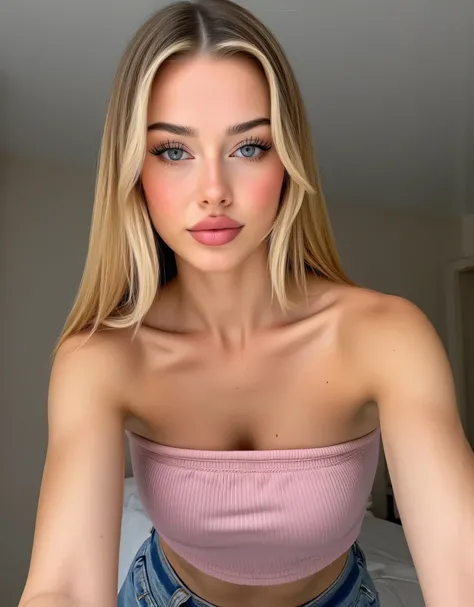 bl0nde, 21 year old, blonde hair, platinum blonde, heart-shaped face, slightly tanned skin, glowing skin, bimbo, (blue eyes), wide-set eyes, long eyelashes, thick eyelashes, seductive, overlined lips, glossy lips, full lips, closed mouth, small nose, uptur...