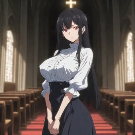 score_9, masterpiece, best quality, huge filesize, depth of field, exquisite picture, advanced light effect, newest, highres, detailed face, detailed eyes, dim lighting, Cinematic Lighting, solo, a skinny girl standing in church, very skinny, (V arms), arc...