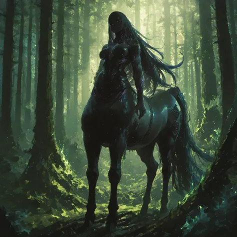 A majestic centaur, a mythological creature with the upper body of a noble human and the lower body of a powerful horse. The centaur's long mane flows with dynamic motion, inspired by the swirling energy of Hokusai’s Great Wave, full of dramatic curves and...