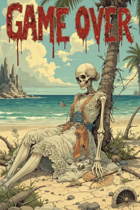 acrylic painting style, full-body shot of a desolate skeleton wearing the tattered remnants of an elegant aristocratic dress, slumped lifelessly against a palm tree on an isolated deserted island, bones bleached white by the sun, fragments of once-luxuriou...