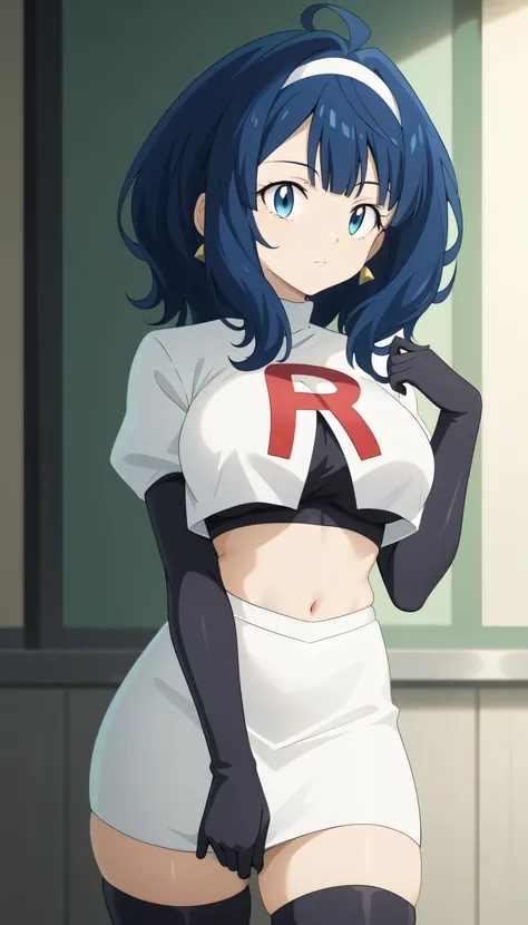 (masterpiece) ,best quality,amazing quality,very aesthetic,absurdres,newest, yanamianna (Too Many Losing Heroines), team rocket,team rocket uniform,white skirt,red letter R,crop top,black thigh-highs,black elbow gloves, 1girl,  medium hair, blue hair, ahog...
