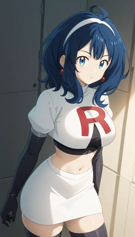 (masterpiece) ,best quality,amazing quality,very aesthetic,absurdres,newest, yanamianna (Too Many Losing Heroines), team rocket,team rocket uniform,white skirt,red letter R,crop top,black thigh-highs,black elbow gloves, 1girl,  medium hair, blue hair, ahog...