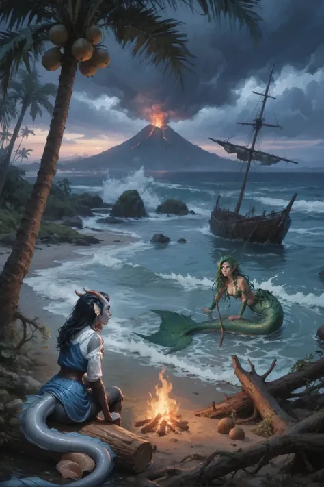 Kedra with dark blue-gray skin is sitting in front of a fire in the shade of a palm tree on the beach.
And looks slightly open in surprise at the mermaid, a beautiful girl with a fish tail and green hair covering her chest flowing from the foaming, bubblin...