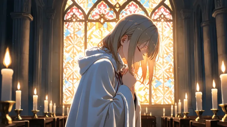 A close-up of an anime-style girl in profile, quietly bowing her head in prayer, eyes closed and expression serene. She is lit gently by warm candlelight, wearing a soft winter cloak. Her hands are held together in front of her chest in a prayerful pose. I...