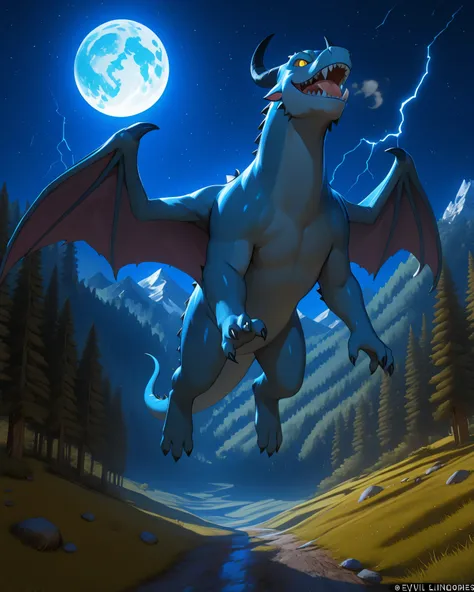 anime_screenshot, anime_Transparent Oriental combination, 3D, (masterpiece), in a high mountain forest, hill, Night, moon, stars, funny, Highest, UltraHD,       8 thousand      ., Cute, Evilй, Evil, a huge blue dragon spews lightning 