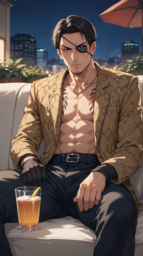 1 man, mature man, close up, man in a terrace, chill out terrace, night, views of the city, shinjuku, golden decorations, golden pillars, plants, (((outdoor))), majimaDEF, eyepatch, tattoo, necklace, jacket, animal print, open clothes, black gloves, black ...