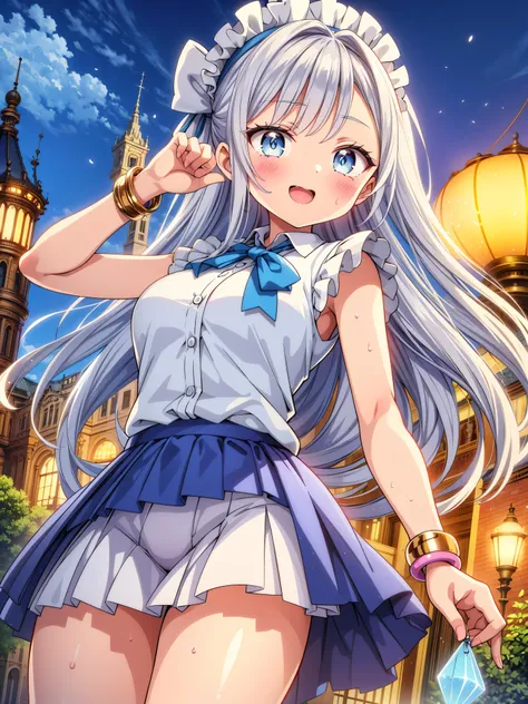 Highly detailed, high quality, masterpiece, beautiful, (all photo shooting), girl child student, perfect eyes, blue eyes, light eyes, blushing face, happy face, big thighs, medium chest, short stature, long hair, brown hair, with bracelet on hand, bow in h...