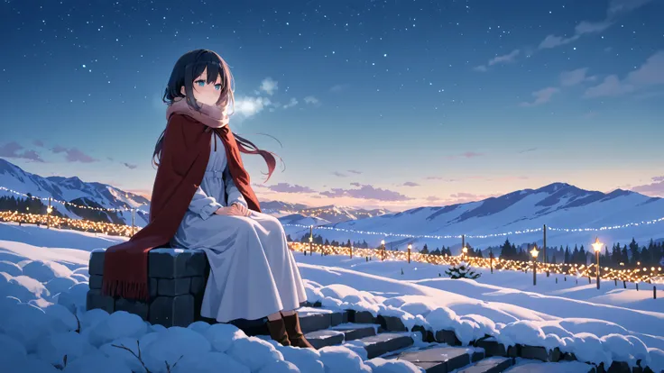 An anime girl in a long winter dress sits on a stone step at the edge of a snowy hill, hands gently placed on her lap, looking out toward the sky filled with still stars. She is wrapped in a heavy scarf and wool cape to avoid any motion in fabric. There is...