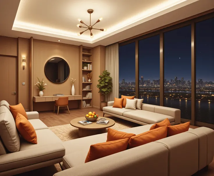 The warm living room in the high-rise apartment presents a comfortable and elegant interior.  The room was well-lit，, a modern chandelier using a round, Adding a touch of sophistication. 

room with a beige fleece sofa，, a few orange pillows on the sofa，Re...
