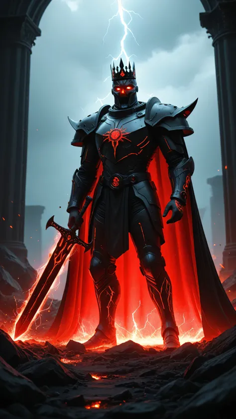 “Full body of a towering alien emperor in futuristic obsidian black armor with glowing crimson energy veins, sharp angular plating styled like demonic royalty, a long tattered cape flowing like living shadow, wielding a single massive plasma greatsword cra...
