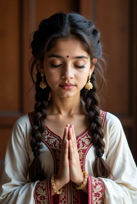 anaswarasdxl, Portrait of a beautiful young girl praying, closed eyes, Indian skin tone, fox-eyelashes, silver color eyeshadow, glossy red lips. Her hairs are long, brown, wavy and braided. She is wearing a White and Maroon embroidered salwar-suit and gold...