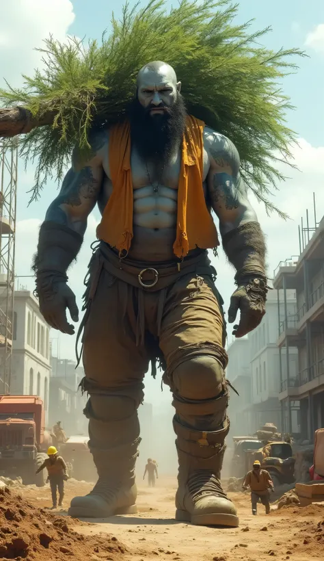 goliath, empty eyes, gray skin, stone skin, body tattoo, face tattoo, 1male, towering construction worker, carrying a full-grown tree across an active construction site in a village, massive muscular limbs, rugged stone-textured skin, weathered tribal tatt...