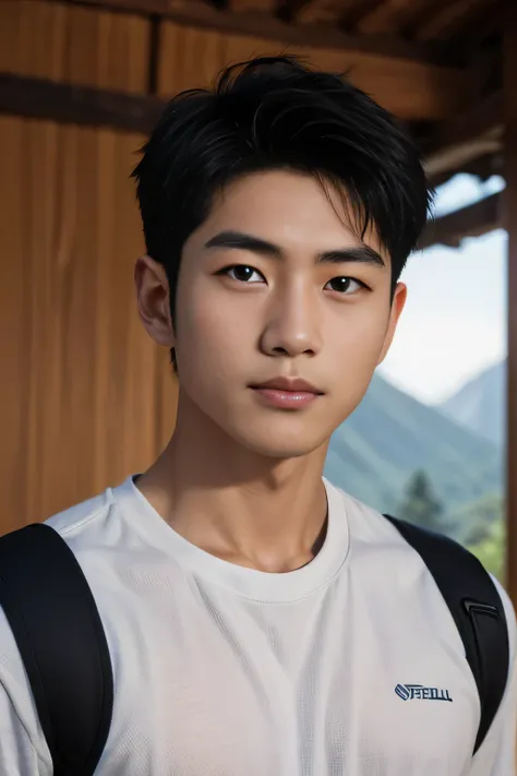  male、Japanese、handsome、 short hair、 facing the front、  mountaineer