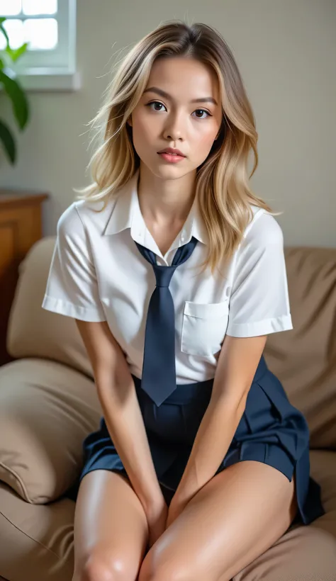 High school life、high school uniform:1.2 、1 Female、 European high school girl 、Super beautiful、Facial beauty、18 years old、 model、Full body shot、her gaze is looking at the camera 、 Sitting with legs apart、 open leg pose like Sharon Stone、Spreading legs、Ope...