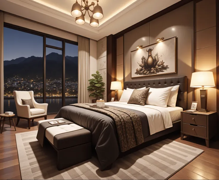 } The picture shows a modern fully equipped bedroom，with a large double bed，, Tufted headrest，elegantly covered with cream and dark gray bedding. Two plush pillows, The pillow with a leopard pattern, adds a touch of style to the environment. The sides of t...