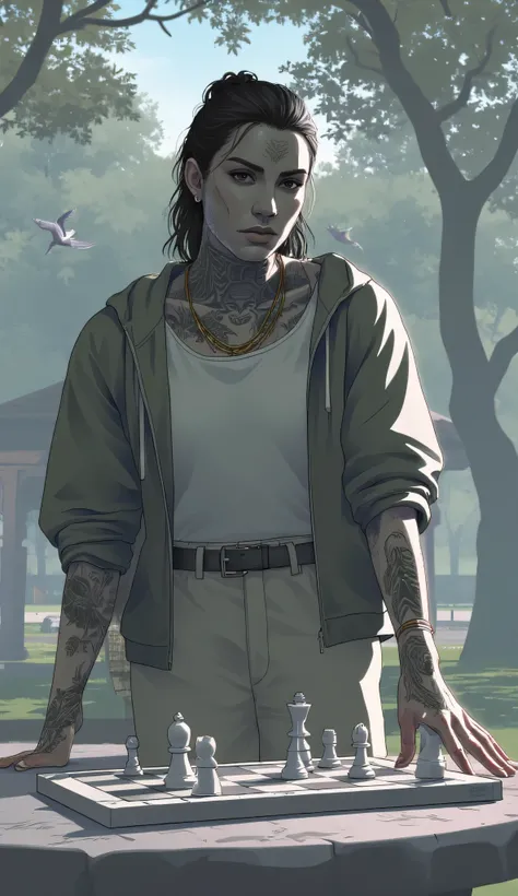 goliath, empty eyes, gray skin, stone skin, body tattoo, face tattoo, 1female, playing chess, quiet sunlit park, tall and powerfully built, smooth stone-like skin, elegant tribal tattoos winding down her arms and neck, minimalist athletic jacket, relaxed l...