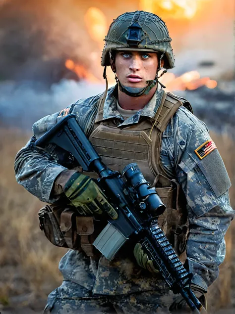 (blue eyes:1.1) ,(Battlefield photo) of a (24 yo handsome 1679667253American man)(professional soldier)(camouflage uniform)(defensive position)(smoke and explosions)(European setting)(late afternoon dusk lighting) high camera angle, long zoom (in the style...