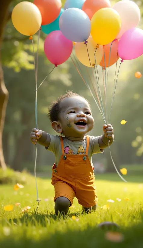 goliath, empty eyes, gray skin, stone skin, body tattoo, face tattoo, 1kid, 1baby, 1child, joyfully playing with balloons, grassy park, breezy afternoon, big for age, soft rounded stone-textured skin, faint tribal birthmarks on the cheeks and arms, bright ...