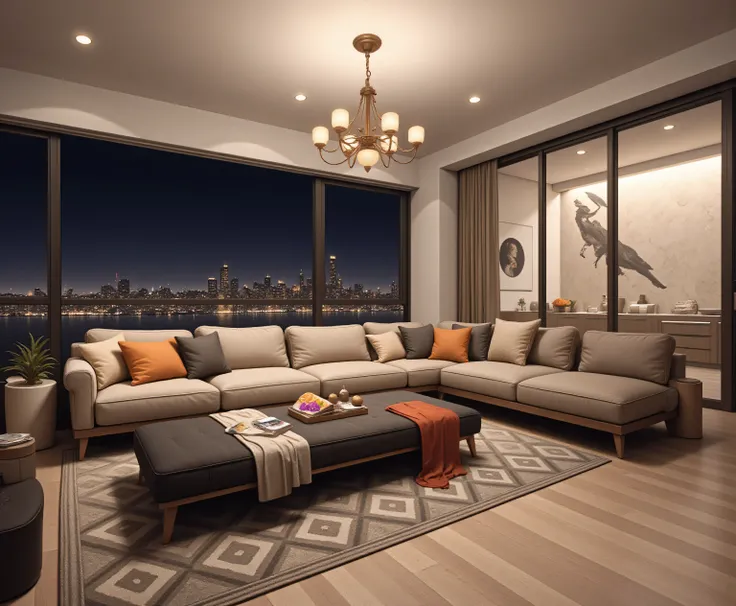 The warm living room in the high-rise apartment presents a comfortable and elegant interior.  The room was well-lit，, a modern chandelier using a round, Adding a touch of sophistication. 

room with a beige fleece sofa，, a few orange pillows on the sofa，Re...