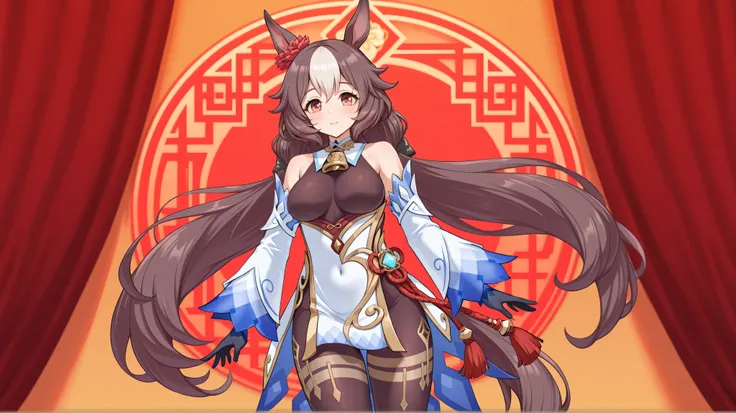 yamanin zephyr（Uma Musume）, Uma Musume, solo, [top quality], [Super beautiful CG], [Highly Detailed CG], [Super Detailed], [CG illustration], [high resolution], [extremely delicate and beautiful],  very detailed skin, Medium Breasts,  genshin ganyu cosplay...
