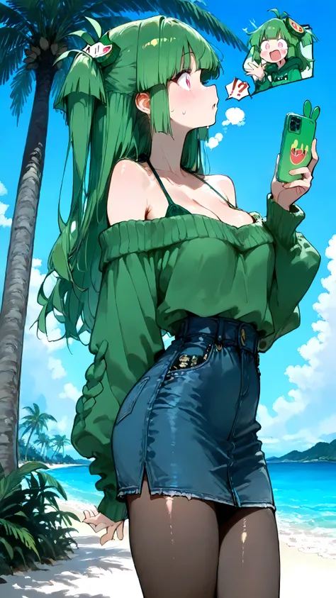 ((lone girl)), ((shiny skin)),((Uninhabited islandに漂流した少女)) , Vannamelon, ,long hair、green hair, two side up、cleavage, off-shoulder sweater, green sweater, denim skirt, mid thigh high skirt, pantyhose、profile、surprised expression、sweat、Estrus period、Face g...