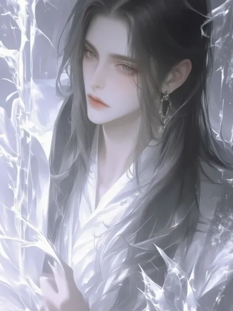 a handsome man with long hair antique black hair,a handsome man with long hair, an ancient brunette in a fairy-looking white Hanfu, traditional Chinese clothing , Double eyelids,Japanese Manga Style,white hanbok