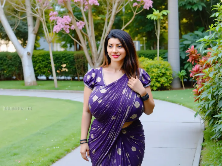 Busty indian curvy thick women, wearing violet black saree, walking in a park