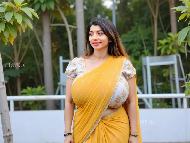 Busty indian curvy thick women, wearing Yellow color saree, walking in a park