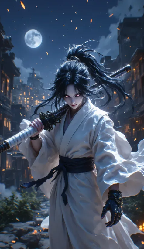 Yaksha、Whole body expression、 male、24 years old、 Japanese、Beautiful skinny boy 、 with a sad expression、 black hair long hair、 white skin、 red eyes、 Thin Macho、 wearing a white kimono 、 equipped with a white arm guard on his upper arm、 holding a Japanese sw...