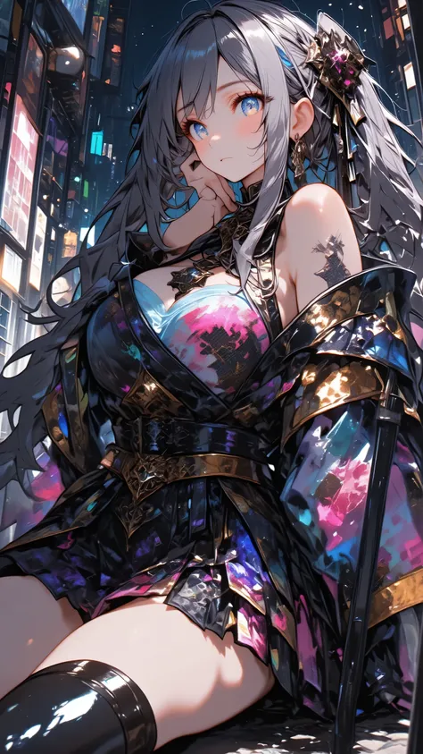 Priestess Girl、Little Girl in a Maiden Costume、 my hair\(白い my hair,long hair,detail,shiny,is fine\),sitting on the ground,Impressive Low Angle、watch viewers/ Beautiful sparkling eyes///.Background\(at alley,Harajuku\( Tokyo ,Japan\),At night, dark...