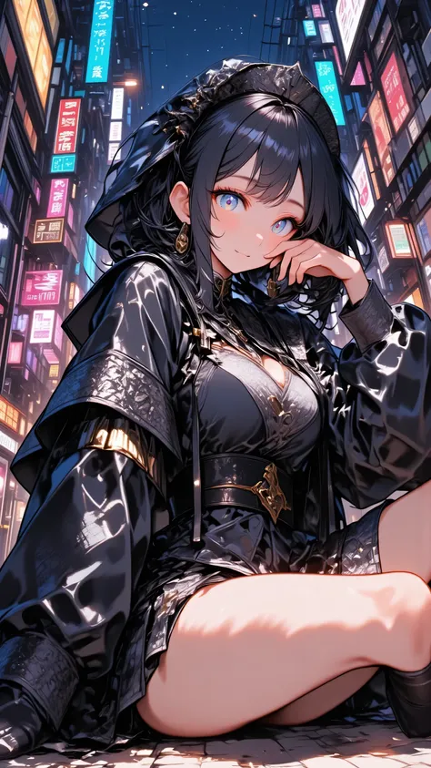 Priestess Girl、Little Girl in a Maiden Costume、 my hair\(白い my hair,long hair,detail,shiny,is fine\),sitting on the ground,Impressive Low Angle、watch viewers/ Beautiful sparkling eyes///.Background\(at alley,Harajuku\( Tokyo ,Japan\),At night, dark...