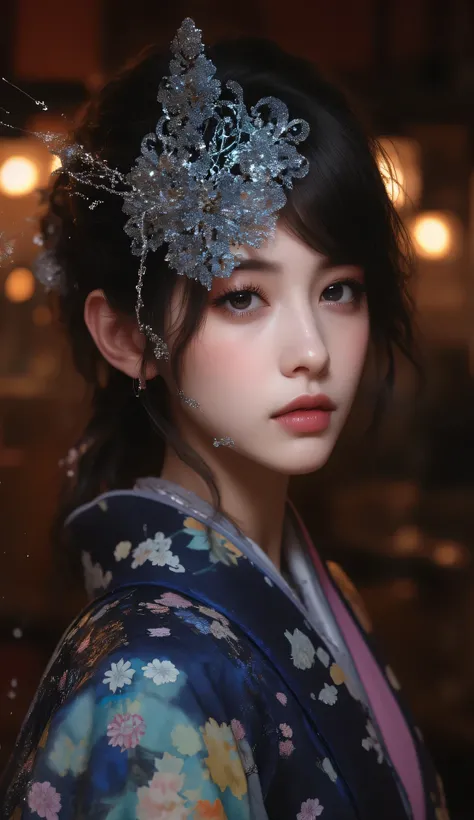 Masquerade, spotlight on one woman, woman in kimono seen from an angle, detailed kimono, woven sash, glittering particles streaming out of it, wearing an elaborate half mask with silver filigree, ((Top Quality)), ((Excellent)), ((Details), ((Highly Detaile...