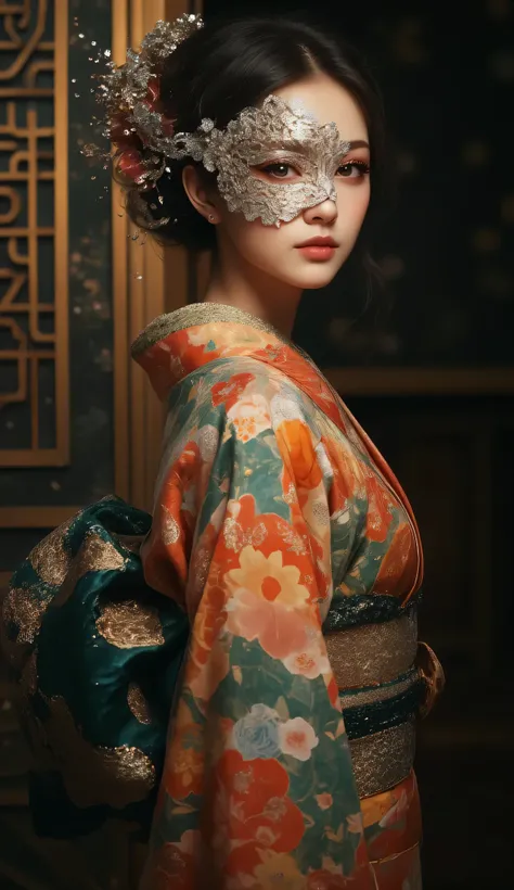 Masquerade, Spotlight on a masked woman, woman in kimono seen from an angle, detailed kimono, woven sash, glittering particles streaming out of it, wearing an elaborate half mask with silver filigree, ((Highest quality)), ((masterpiece)), (detailed), ((ver...