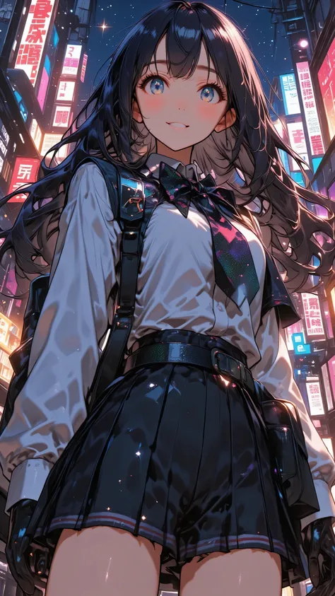 Girl in Sparkling High School Girl Uniform、 beautiful face、Cute Smiles、 my hair\(白い my hair,long hair,detail,shiny,is fine\),sexy low angle 、((anatomically perfectな手、anatomically perfect))watch viewers(1/3はBackground)/ Beautiful sparkling eyes///.Bac...