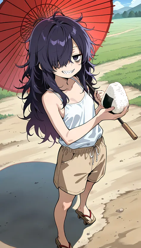 (masterpiece, best quality, amazing quality, very aesthetic, absurdres, newest:1), masterpiece,best quality,amazing quality, insanely detailed ,japanese anime style, kyoto animation style,(high detail), 1girl,solo,long hair,dark purple hair, ((messy hair)), hair over one eye, (hair over right eye),(( jitome)) ,(bags under eyes) ,grin ,sharp teeth,small breasts,petite,oversized white tank top,(oversized beige buggy quarter shorts),geta,holding a red umbrella,holding a rice ball(onigiri ),glass field,