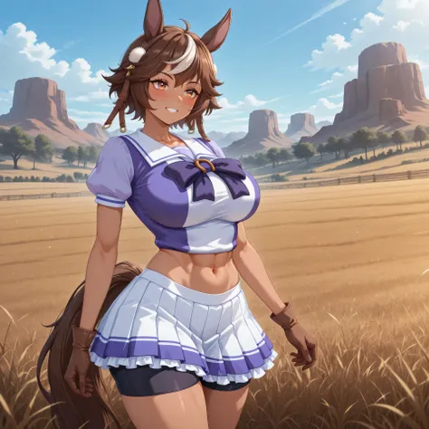 anime, lazypos, masterpiece, best quality, amazing quality, grassy mesa in background, grassy field standing around, 1girl, solo, tomoe umari, animal ears, Tracen school uniform short, bike shorts under skirt blush, large breasts, brown eyes, brown gloves,...