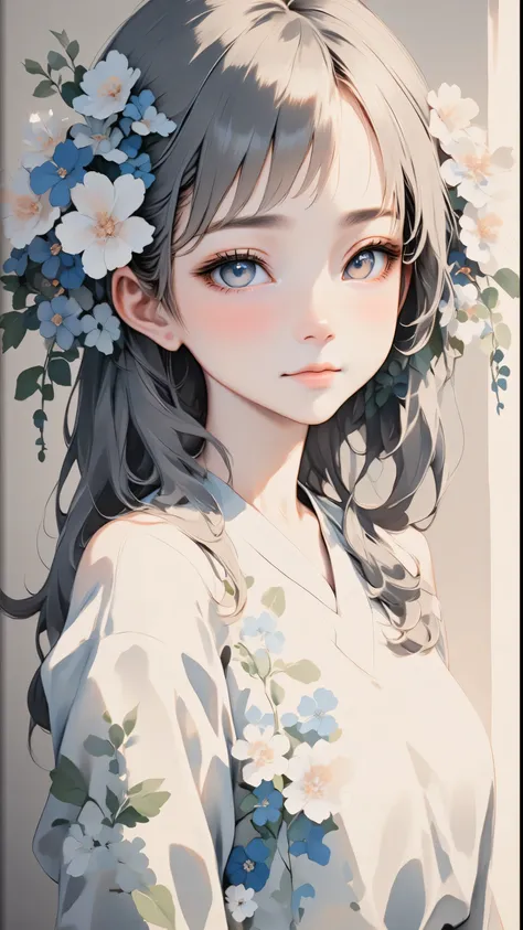 watercolor, watercolor, watercolor風, watercolorの詳細なアート, watercolor digital painting, watercolor paint、break、((( Beautiful Women、very cute girl)))、Floral arrangement、Wabi-sabi art、white、gray、black tone 、Parchment、抽象的Floral arrangement、Three big flowers、 Dre...
